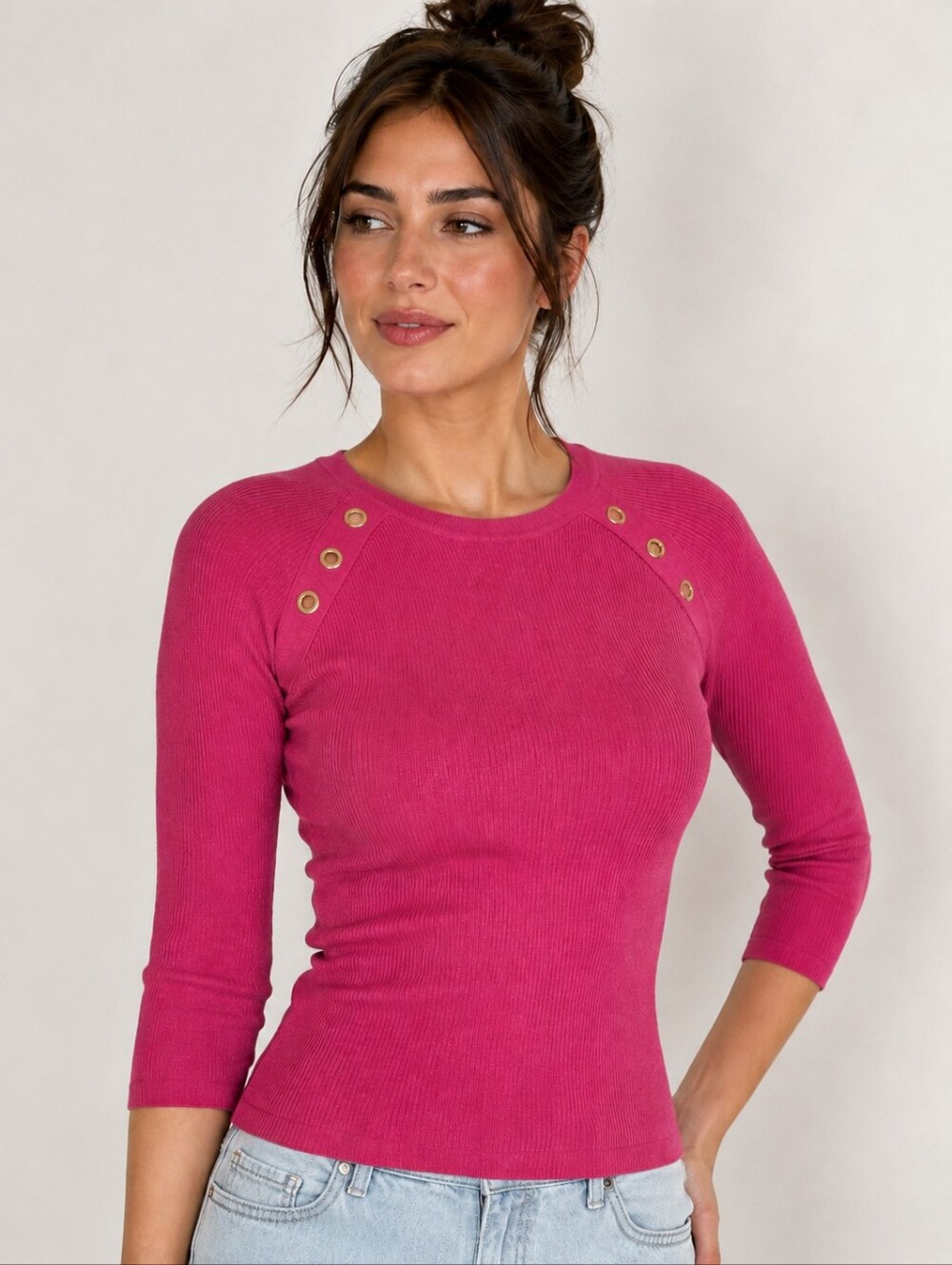 🍓✨ NY & Co Pink Ribbed Sweater Top Grommet Shoulder 3/4 Sleeves MED Casual Chic